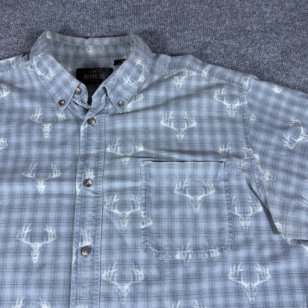 Red Head Plaid Short Sleeve Button Up Shirt XL Blue Deer Antler Outdoors